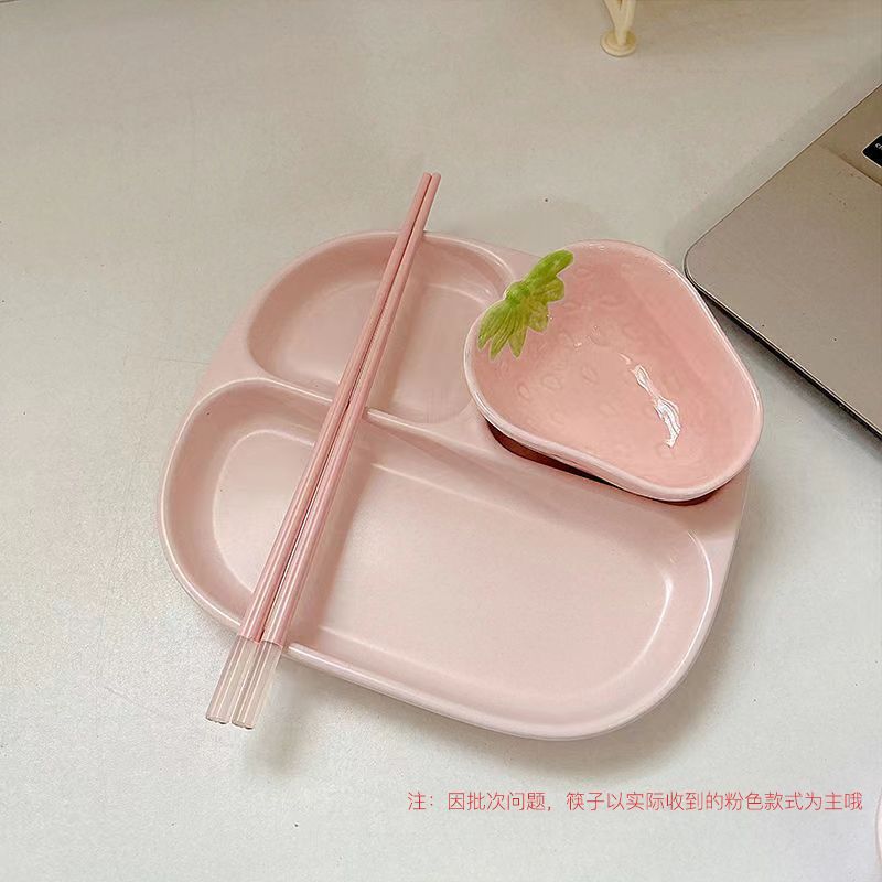 복숭아가루/3칸 세라믹 디너 접시+딸기 접시+젓가락