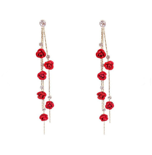 2pairs Japanese and Korean temperament rose flower earrings elegant red purple small flower long tassel earrings