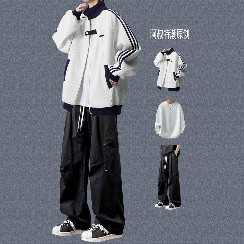 American retro style cool color-blocked jacket men's outfit, workwear baseball jacket, stylish three-piece set