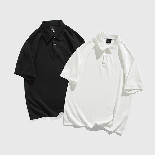 American casual heavy-duty polo shirts for men, loose short-sleeve stand-up collar T-shirts, dropped shoulders, solid color, versatile men's summer clothing