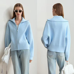 欧美风新款时尚翻领拉链长袖针织开衫毛衣外套Loose knit sweater