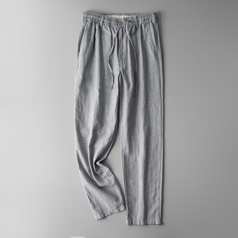 Pantalones de lino de cintura elástica pantalones sueltos de algodón y lino de los hombres pantalones casuales de los hombres de verano de lino recto de los hombres pantalones largos de lino