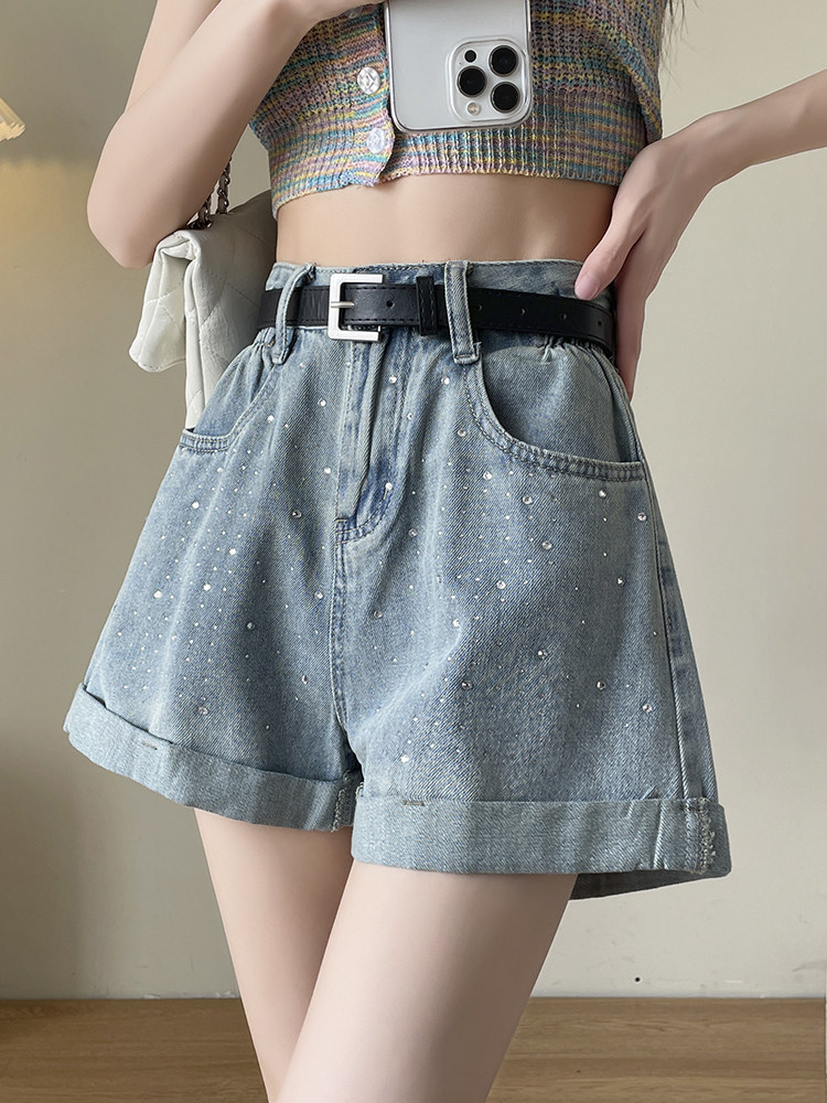 Quần short jean nữ lưng cao, ống rộng, viền chữ A, kiểu mới mùa hè — Xám đen với thắt lưng