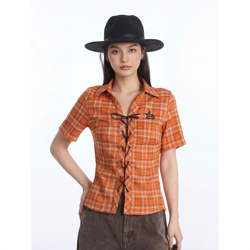 Western Retro Orange Plaid Short-Sleeved Shirt for Women, New Summer Design, Strappy Slim Fit Hot Girl Shirt Western Retro Orange Plaid Short-Sleeved Shirt for Women, New Summer Design, Strappy Slim Fit Hot Girl Shirt