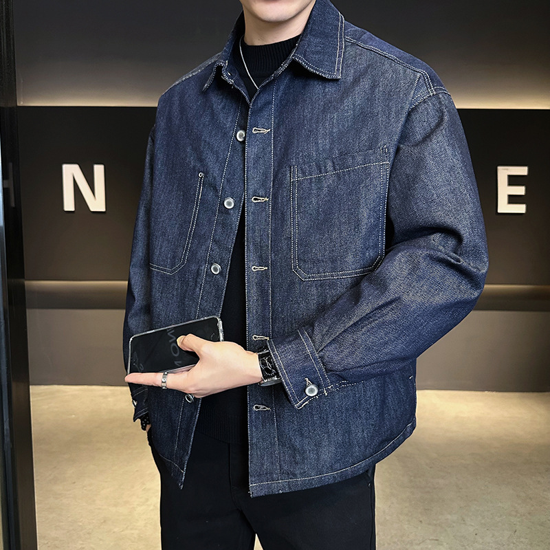 现货国标50白鸭绒牛仔面料宽松板男装羽绒服翻领修身男外套上衣