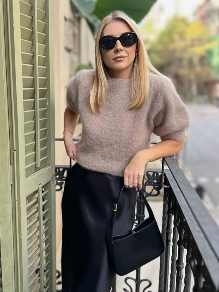 Nicho de estilo casual universal color sólido mohair suéter de manga corta para mujeres 2025 otoño nuevo estilo transfronterizo Europa y América