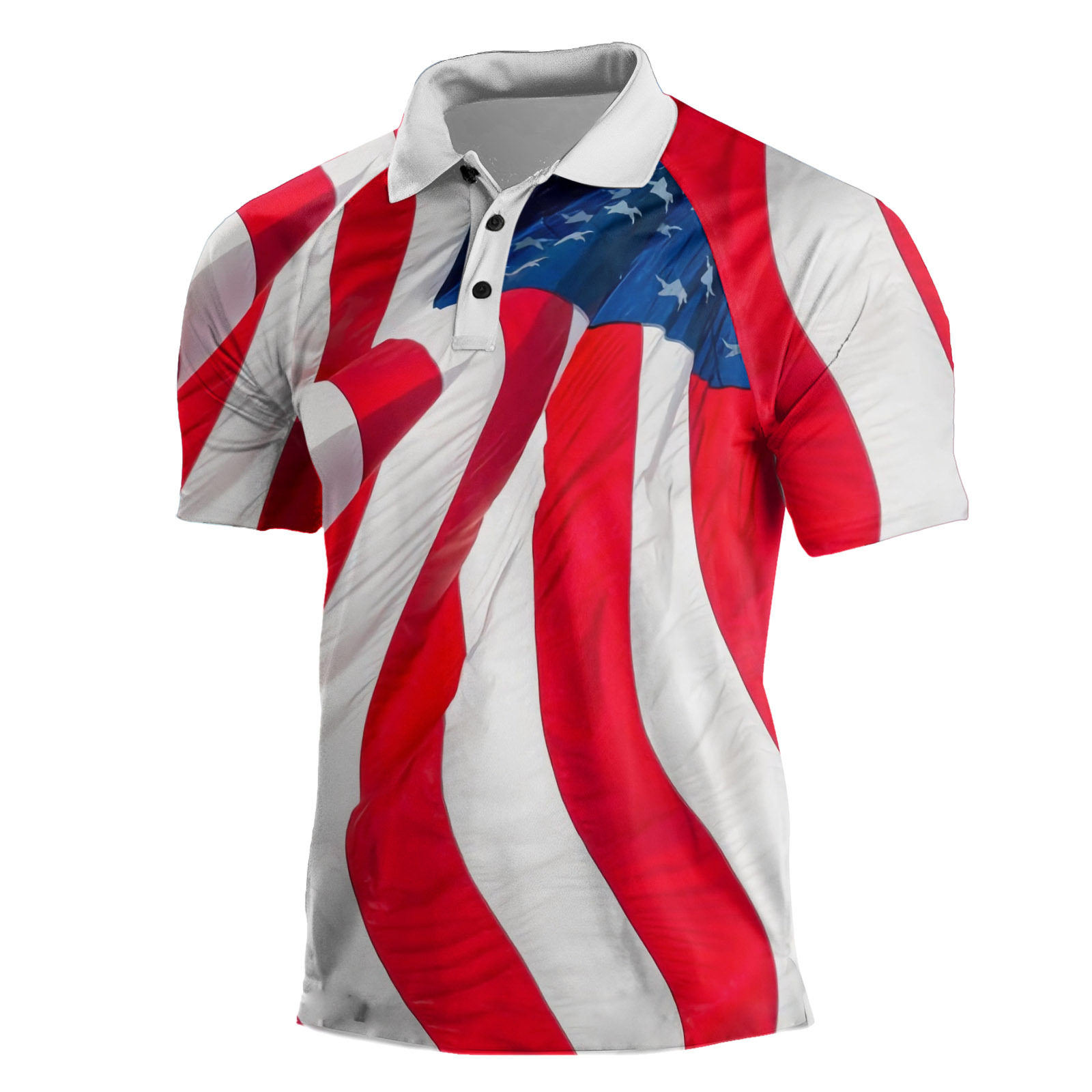 Cross-border Europa y América 2023 nuevos hombres casuales de manga corta Henry Independence Day Elements Camisa POLO raglán de tres botones para hombres