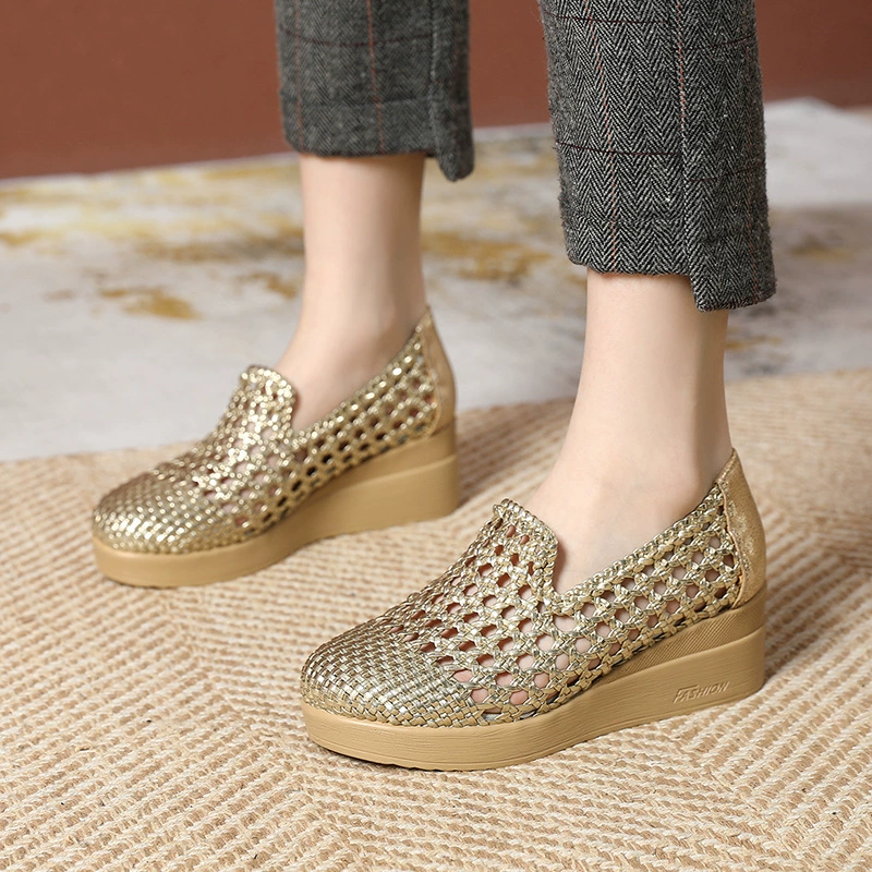 2024 Летние полые женские туфли сандалии женские каблуки удобные нескользящие одиночные туфли на мягкой подошве мама обувь большой размер плетеная толстая подошва