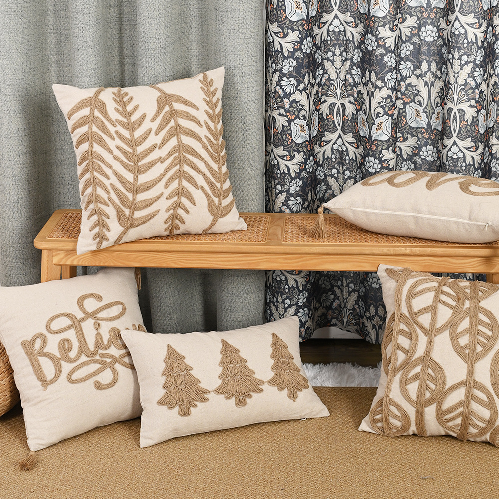 Funda de almohada bordada con cuerda de cáñamo nórdico transfronterizo Espiga colgante de cuatro esquinas Almohada pastoral retro Sala de estar Almohada de sofá Almohada de cintura