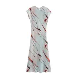 ZR女装  欧美风2025春季新品法式时尚简约修身丝缎质感印花连衣裙