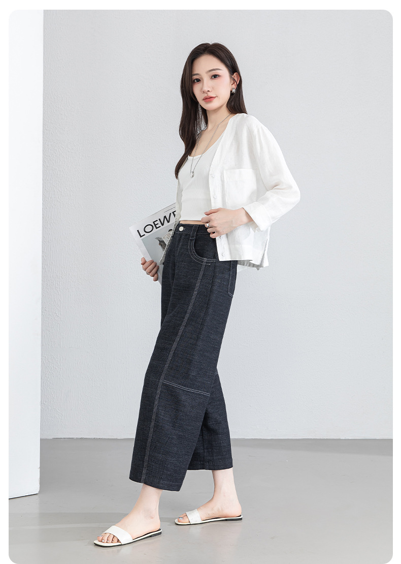Quần jean nữ ống rộng eo cao vải linen mát mẻ phong cách cổ điển — xanh lam chi tiết 18