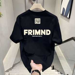 Heavyweight Trendy American-Style T-Shirt with Cool Letter Print for Men, Summer Loose Versatile Short-Sleeve Crew Neck with Clip-On Tie