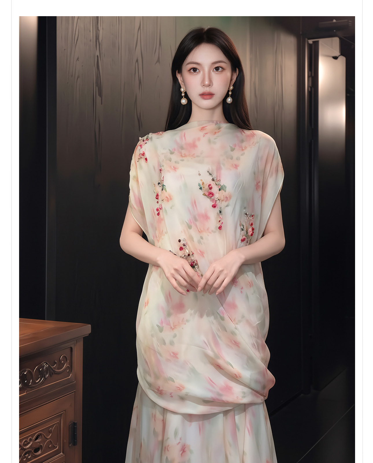 Bộ váy áo maxi thắt eo họa tiết hoa phong cách tân cổ điển — Trang chủ, bộ đồ, nửa váy chi tiết 2