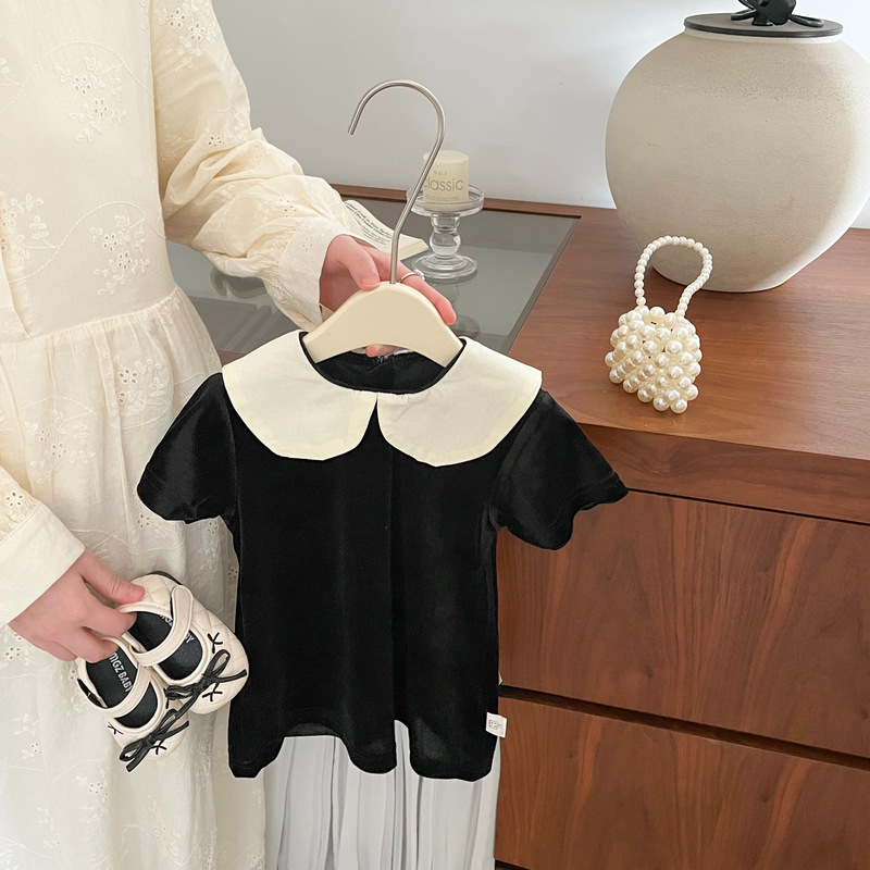Bebé de verano vestido de estilo Hepburn bebé negro y blanco contraste muñeca cuello de manga corta A vestido de moda ropa infantil