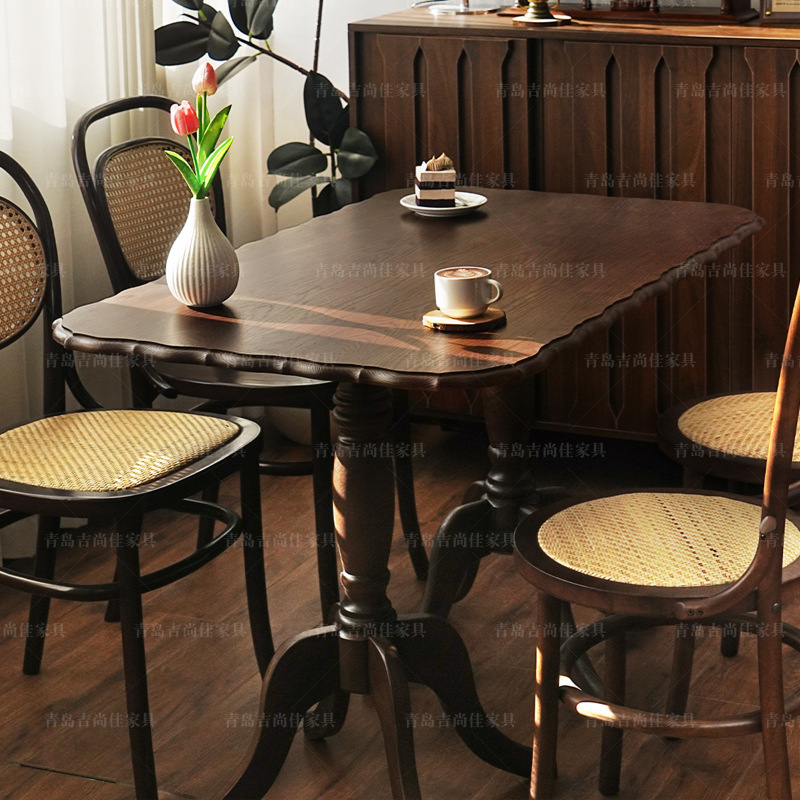 フレンチミッドセンチュリーロングテーブルカフェ全無垢材レトロデザートショップカフェレストラン業務用ダイニングテーブルと椅子の組み合わせ|undefined