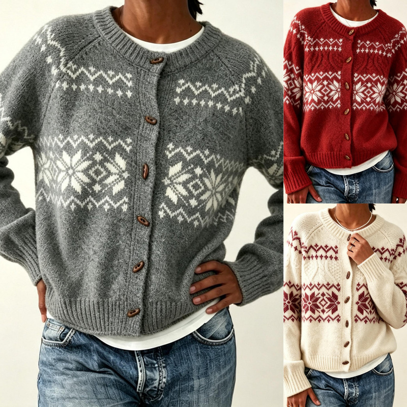 2026 Amazon Vintage Round Neck Single-Breasted Sweater European and American Cross-Border Christmas Snowflake Fair Isle Knit Cardigan for Women 2026 Amazon Vintage Round Neck Single-Breasted Sweater European and American Cross-Border Christmas Snowflake Fair Isle Knit Cardigan for Women