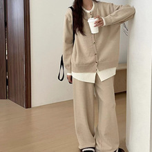 时尚拼接针织套装女秋冬新款休闲假两件开衫上衣宽松阔腿裤两件套