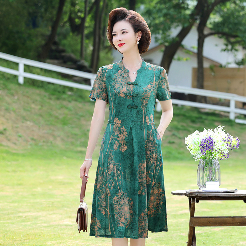 Mom Summer Short-sleeved dress New Western-style Middle-aged Women's Summer Dress Elegant Slim-fit Slimming Over-knee Mid-length Skirt Mom Summer Short-sleeved dress New Western-style Middle-aged Women's Summer Dress Elegant Slim-fit Slimming Over-knee Mid-length Skirt
