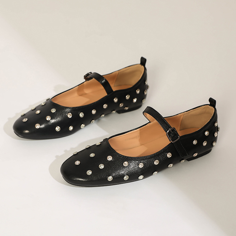 New Retro Casual One-Strap Mary Jane Shoes French Fashion Versatile Slimming Rhinestone Shallow Ballet Shoes