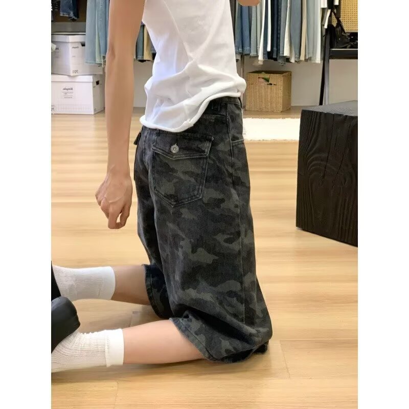 Petite Retro Camouflage Denim Capri Pants for Women, Summer Thin High-Waisted Slimming Loose Straight Shorts Petite Retro Camouflage Denim Capri Pants for Women, Summer Thin High-Waisted Slimming Loose Straight Shorts