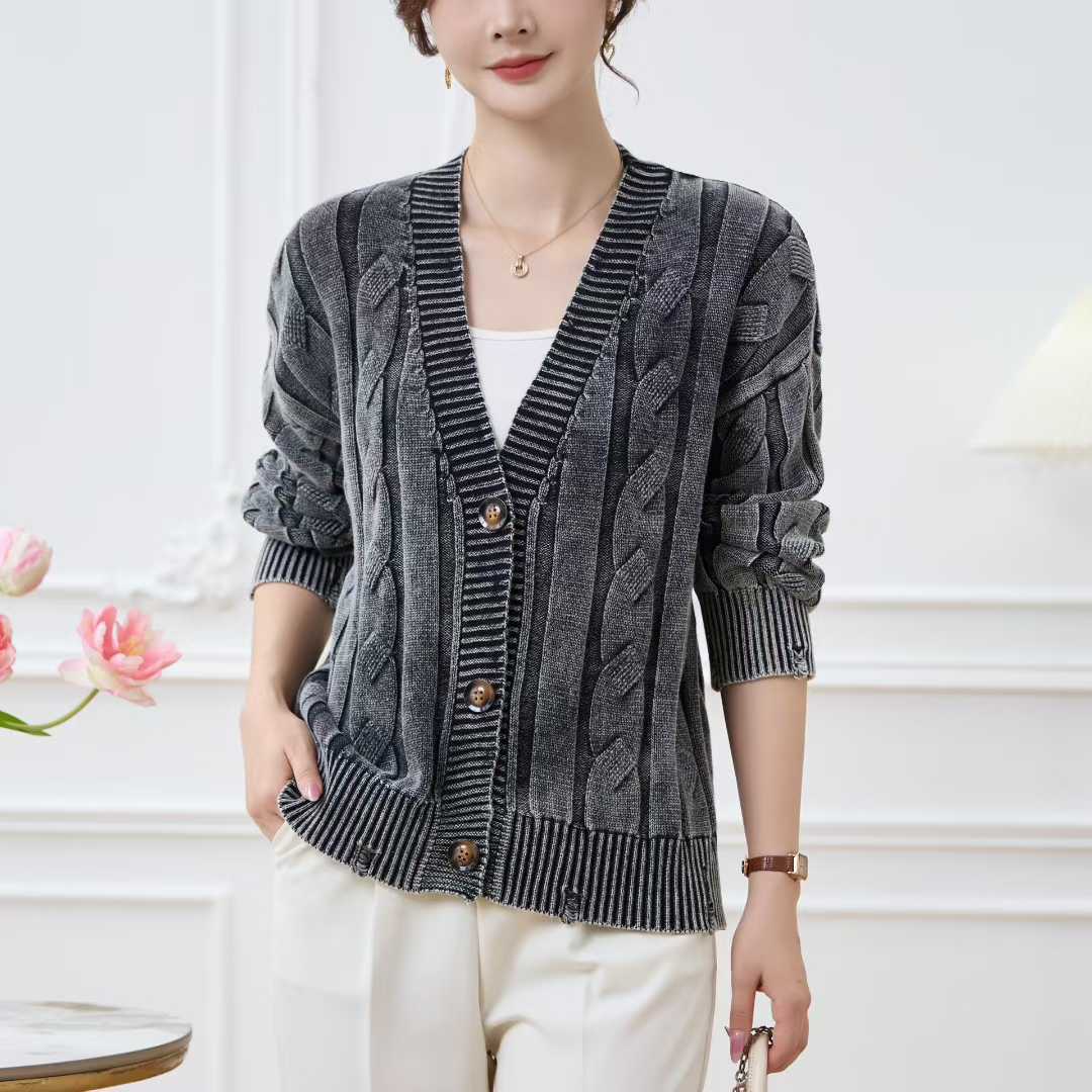 Coreano retro cuello redondo torcido de camisa de punto de mujer otoño y invierno nuevo estilo para hacer viejos agujeros suéter suelto chaqueta de mujer image 1