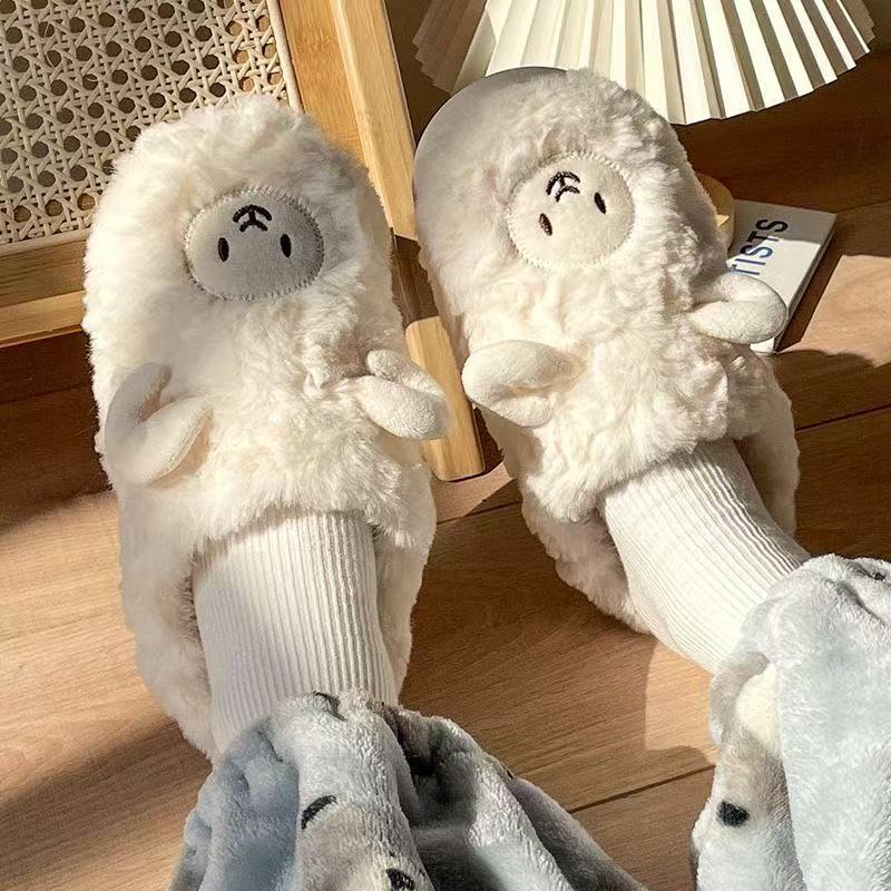 Cute Little Sheep Cotton Slippers for Women, Home Cotton Slippers for Women, Fleece-Lined Cotton Slippers for Men, Warm Shoes, Confinement Shoes for Women, Toe-Toe Slippers for Women