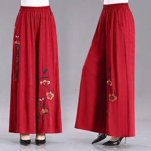 Middle-Aged and Elderly Women's Summer Cotton and Linen Wide-Leg Pants, Ethnic Style Culottes, Embroidered Flower Pants, Western Style Casual Pants
