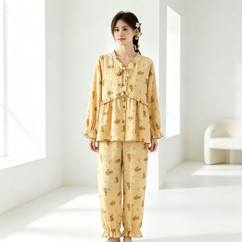Pure Cotton New Double-layer Yarn Moon Suit Spring Autumn Summer Thin Pregnancy Postpartum Nursing Women's Nursing Pajamas Set Pure Cotton New Double-layer Yarn Moon Suit Spring Autumn Summer Thin Pregnancy Postpartum Nursing Women's Nursing Pajamas Set