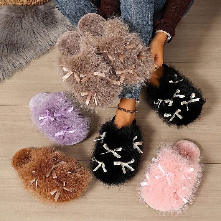 New cross-border winter bow-knot fluffy slippers, indoor warm and thick-soled cotton slippers with a soft, cushioned feel, wholesale