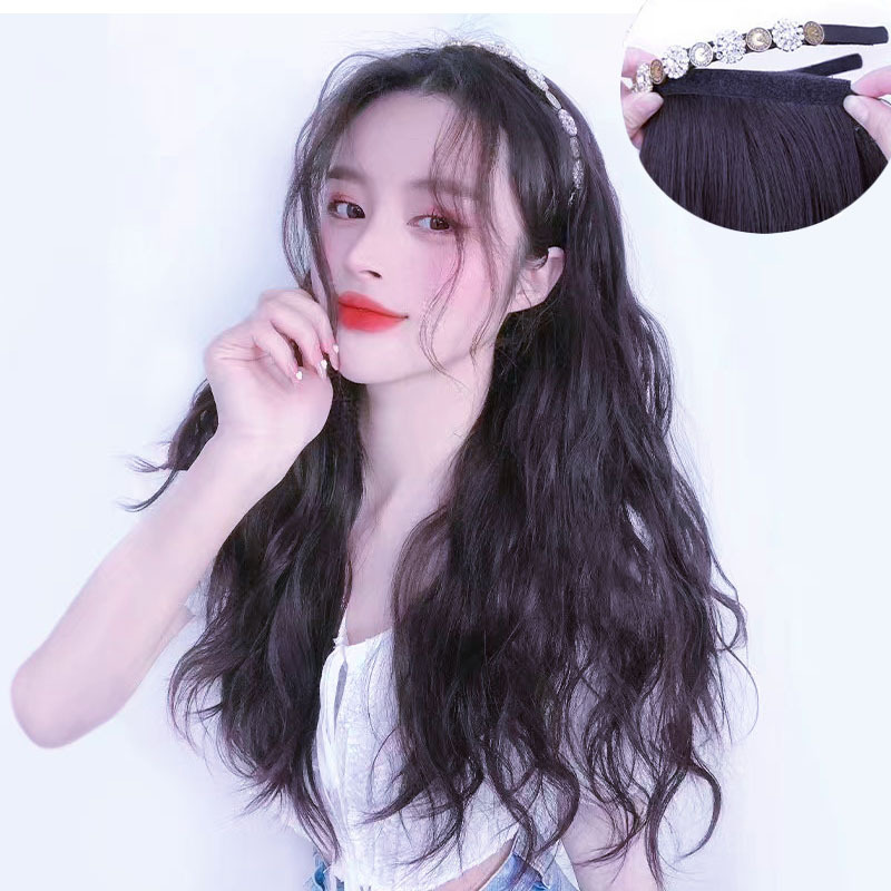 Headband Wig for Women with Long Hair, Detachable Integrated Long Curly Hair, Natural and Seamless U-Shaped Half Wig with Rhinestones, New Style