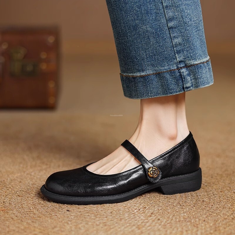 Temperament Literary Retro Style Round Toe Shallow Mouth Shoes for Women 2025 Summer New Flat Low Heel Mary Jane Shoes