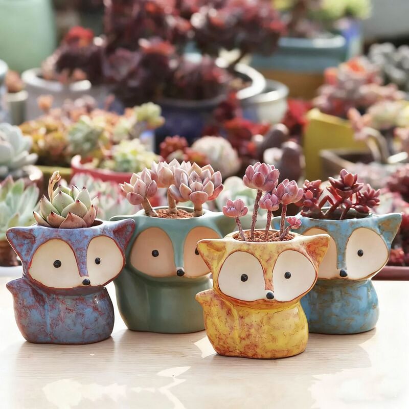 New Ceramic Flower Pot for Succulents, Creative Thumb Pot, Fox Cartoon Pot, Coarse Pottery Breathable Small Old Stump Pottery Pot