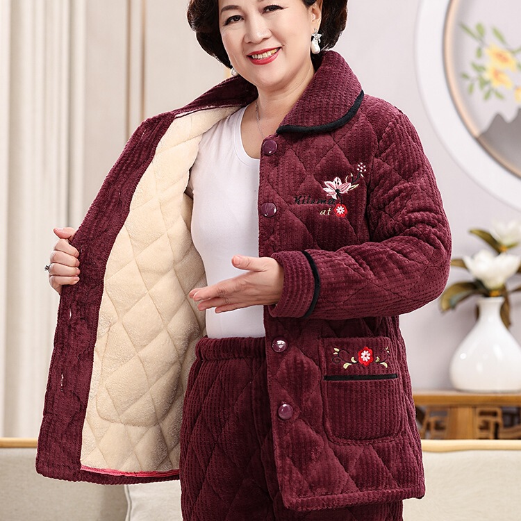 Pajamas for Women in Winter Thickeneded Fleece-Lined Coral Velvet Three-Layer Quilted Warm Middle-Aged and Elderly Mothers' Home Clothes Autumn and Winter Styles