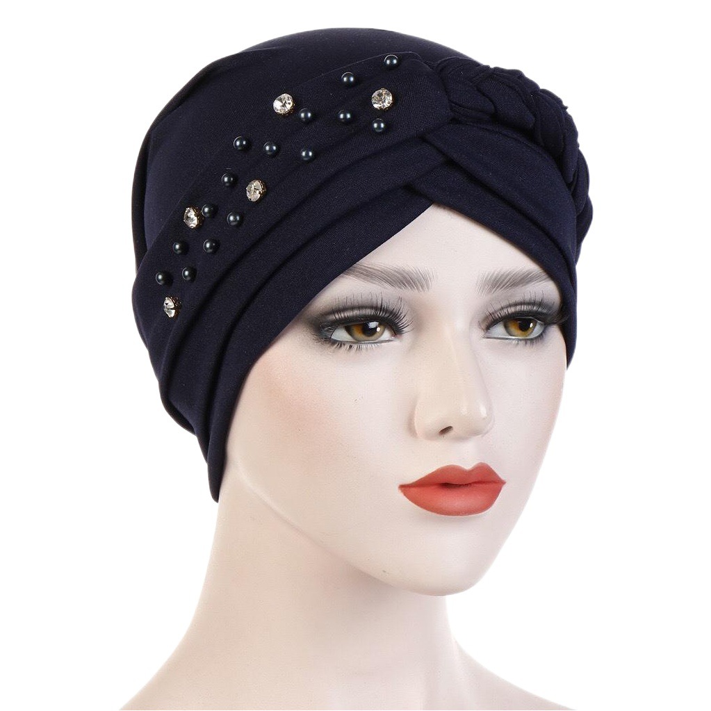 Aliexpress New Spring and Autumn Style Headscarf Hat, Single Color, Single Strip, Single Side with Beads and Rhinestones, Whip-Style Headscarf Hat