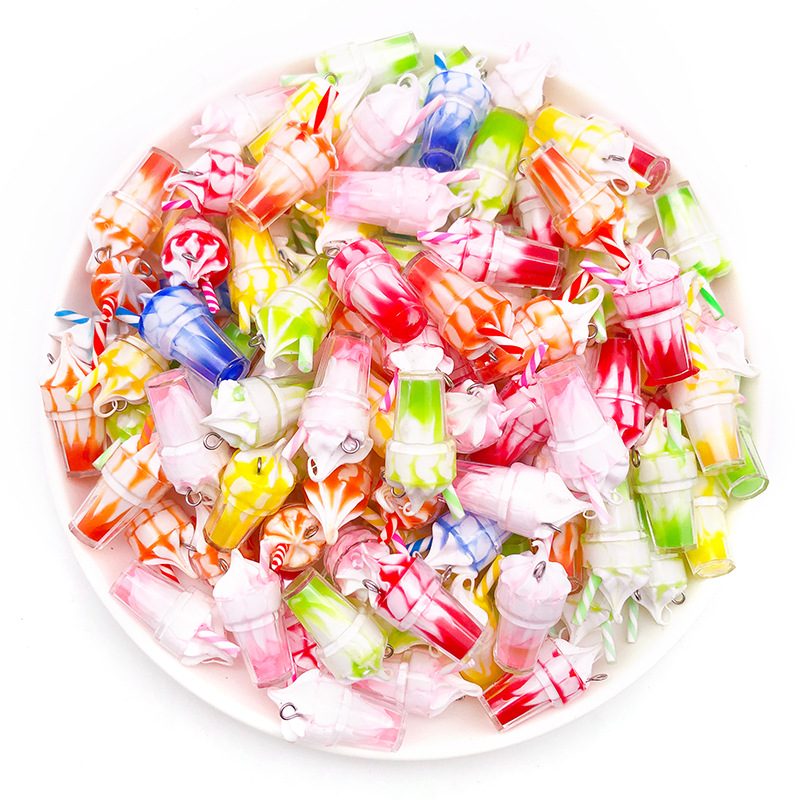 Mezcla 10 helado taza de jugo de leche taza de té botella de vidrio colgante 10x24mm DIY bolsa llavero Accesorios