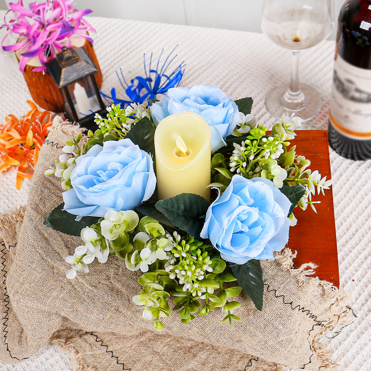 Simulación transfronteriza flor candelabro guirnaldas decoración de mesa de comedor decoración rosa vela taza atmósfera props decoración