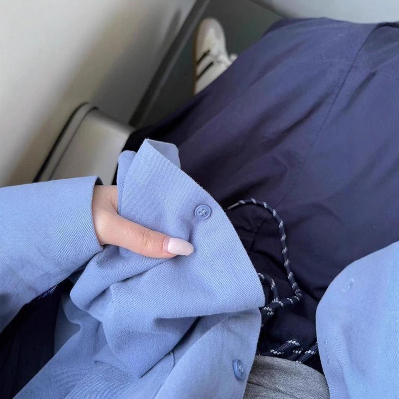 纯棉蓝色衬衫女秋季现款高级感宽松休闲百搭显瘦通勤衬衣外套上衣|undefined