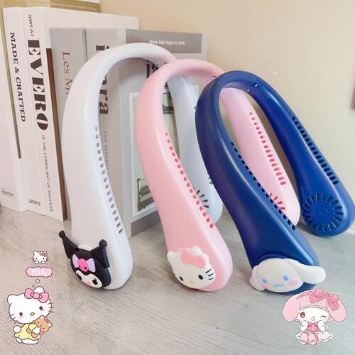 New cross-border creative cartoon Sanrio hanging neck outdoor sports small fan with high wind power, three-speed wind USB charging