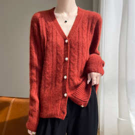 24秋冬新款山羊绒开衫女V领扭花长袖针织毛衣宽松羊绒衫外套女款