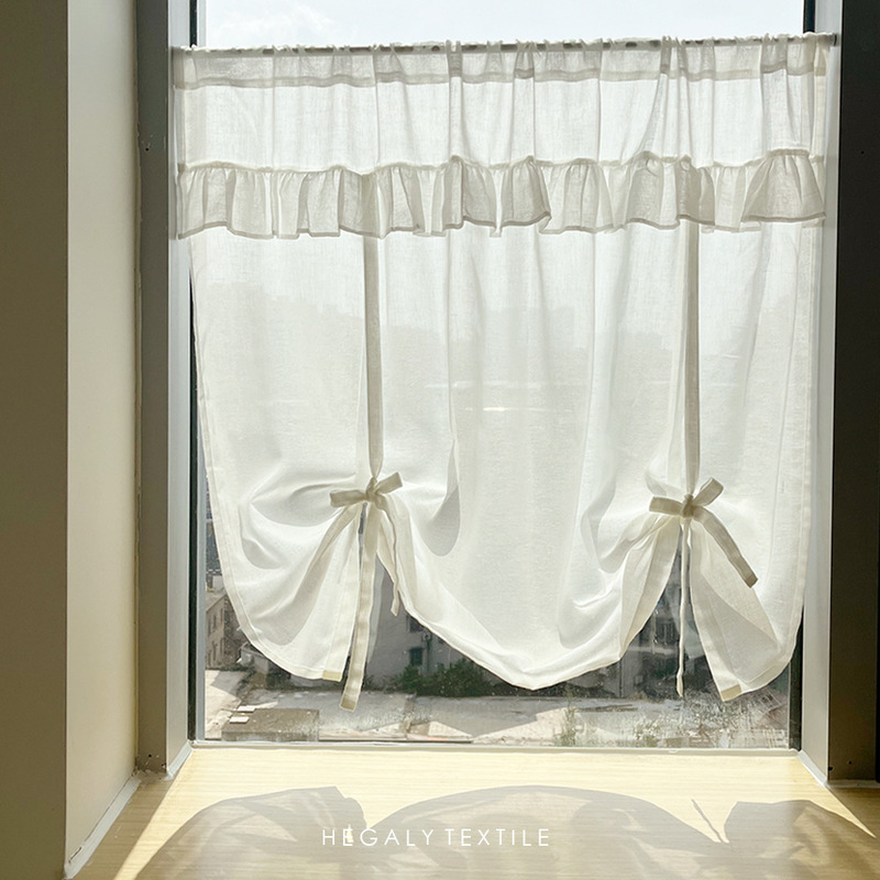 Korean Style Vintage Coffee Curtain Pull Curtain Door Curtain Blow Curtain White Window Screen French Style Partition Curtain Romantic