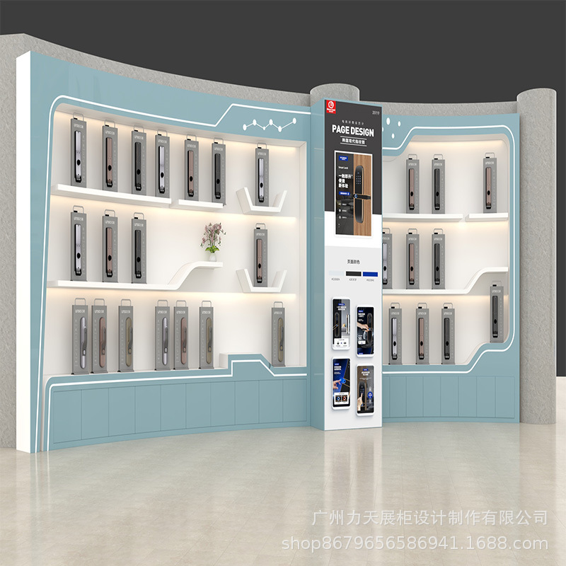 简约时尚轻奢木质烤漆展厅靠墙产品展示柜异形带灯展示架展柜制作