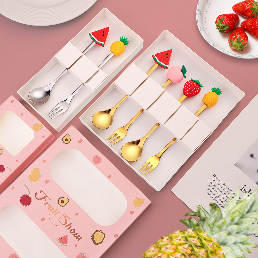 J卡通水果勺叉套装不锈钢可爱萌趣餐具西瓜勺子水果签甜品蛋糕叉
