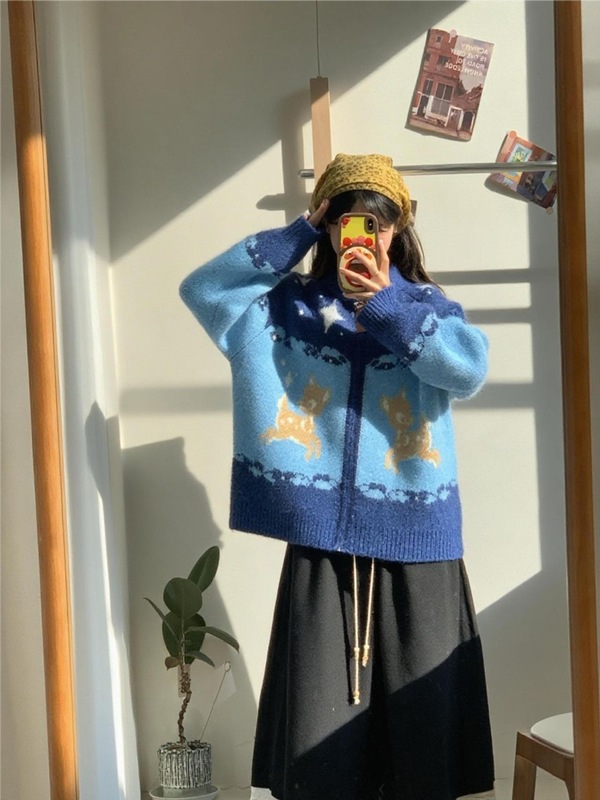 韩系撞色小鹿费尔岛提花翻领毛衣外套女秋冬宽松百搭针织开衫1364|undefined