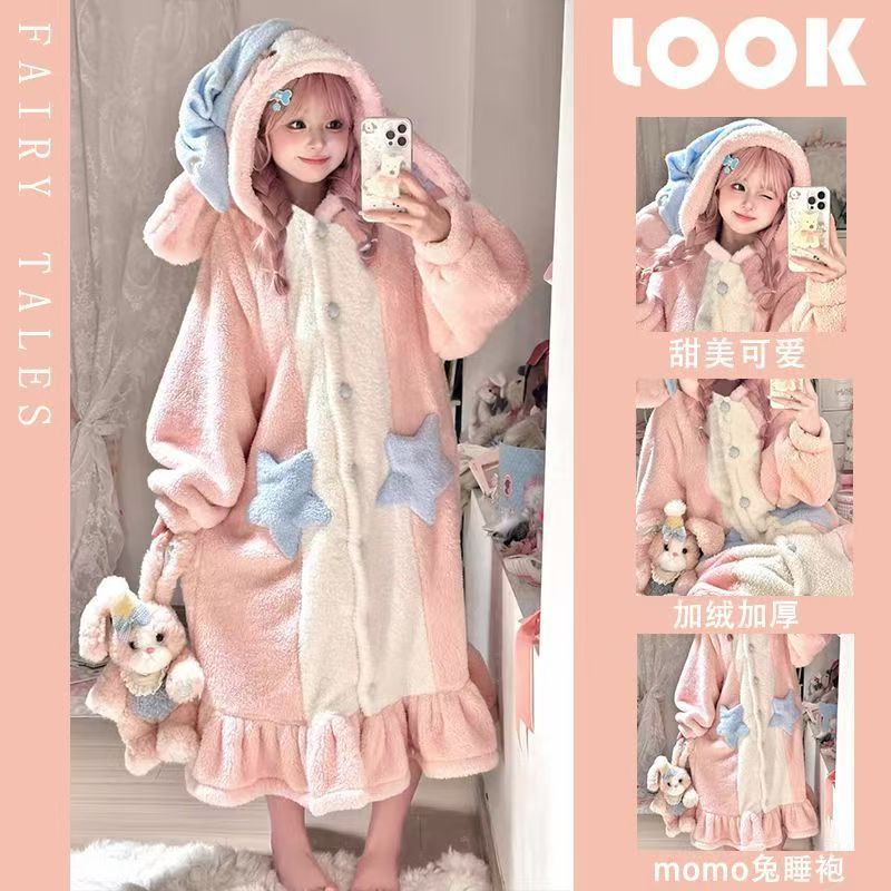 可爱兔睡袍女秋冬季珊瑚绒睡衣可外穿新款加厚毛绒家居服睡裙