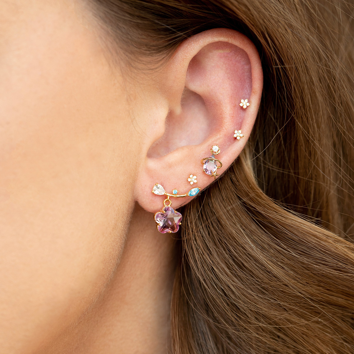 Fashion Flower Brass Ear Studs Zircon Copper Earrings