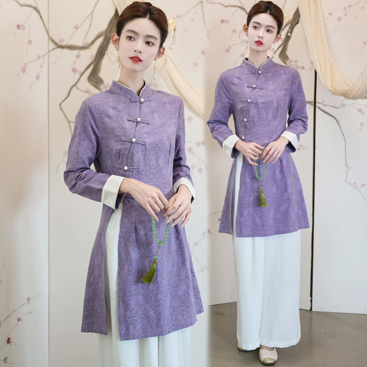 新中式国风立领长袖提花棉色改良女禅意茶服套装秋冬款美容养生服