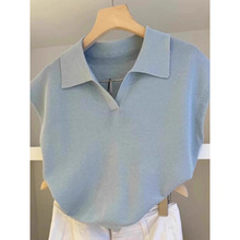 高端女装气质蓝色Polo翻领飞飞袖冰丝针织衫夏季修身薄款上衣