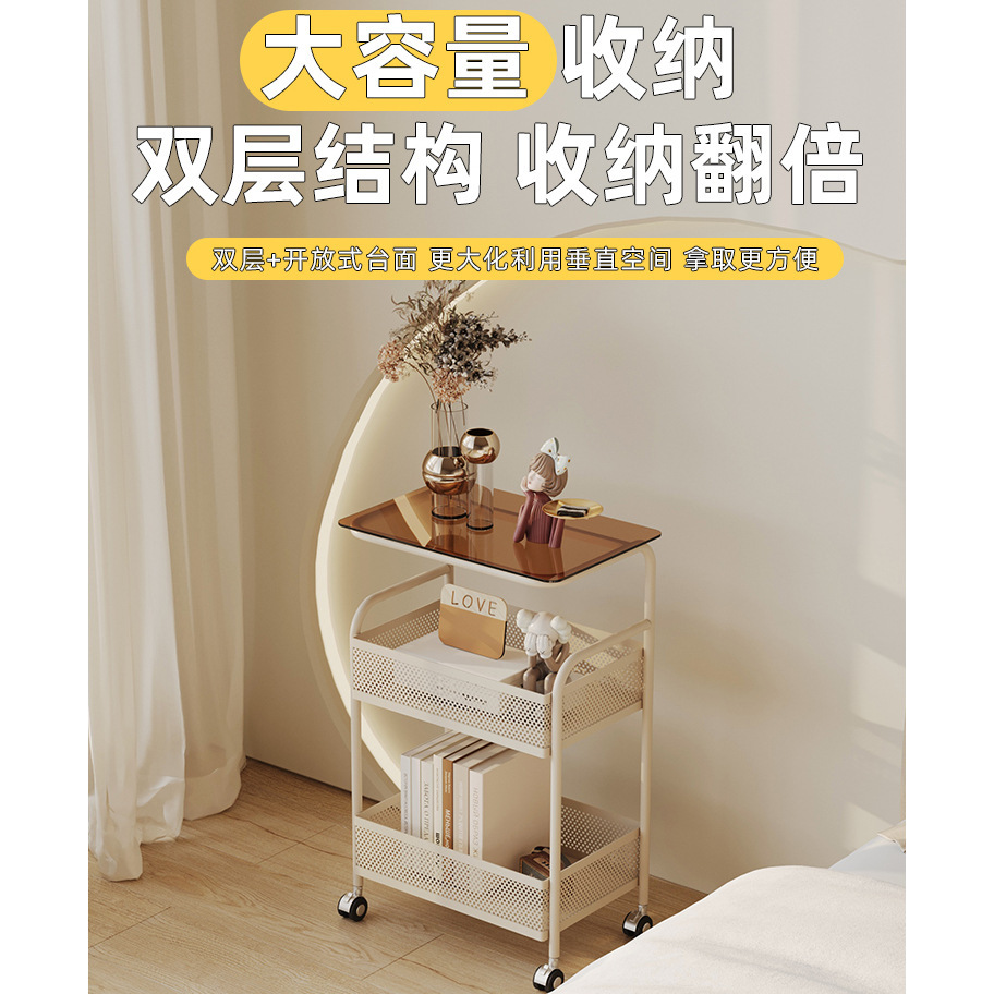 Movable Trolley Home Bedroom Storage Rack Living Room Side Multi-Layer Cream Style Storage Rack Bedside Table Coffee Table