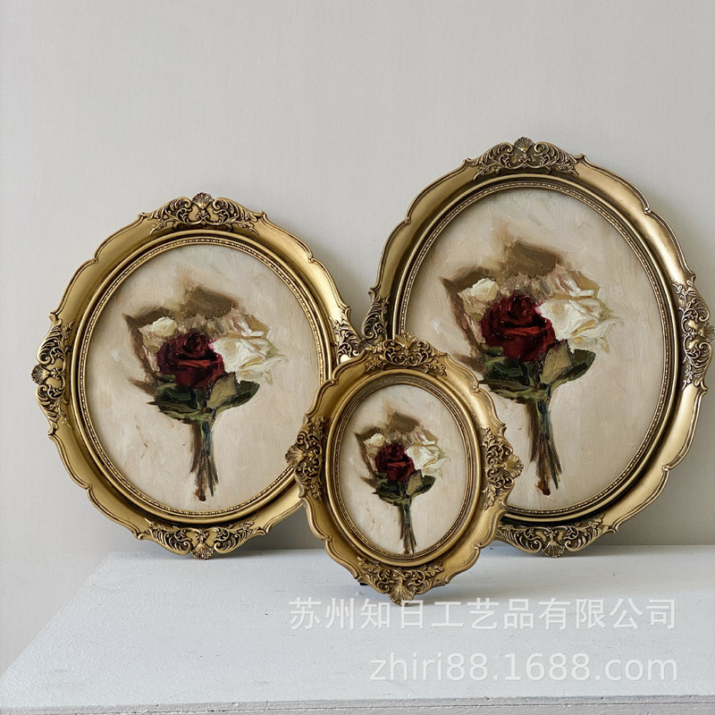 American Oval Carved Resin Photo Frame, Hand-Decorated Picture Frame, French Retro Bouquet, Medieval Combination Hanging Picture