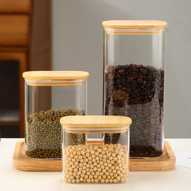 クロスボーダー直供長方形貯蔵缶コーヒーガラス蓋付き収納缶透明高ホウ素シリコン収納密封缶|undefined